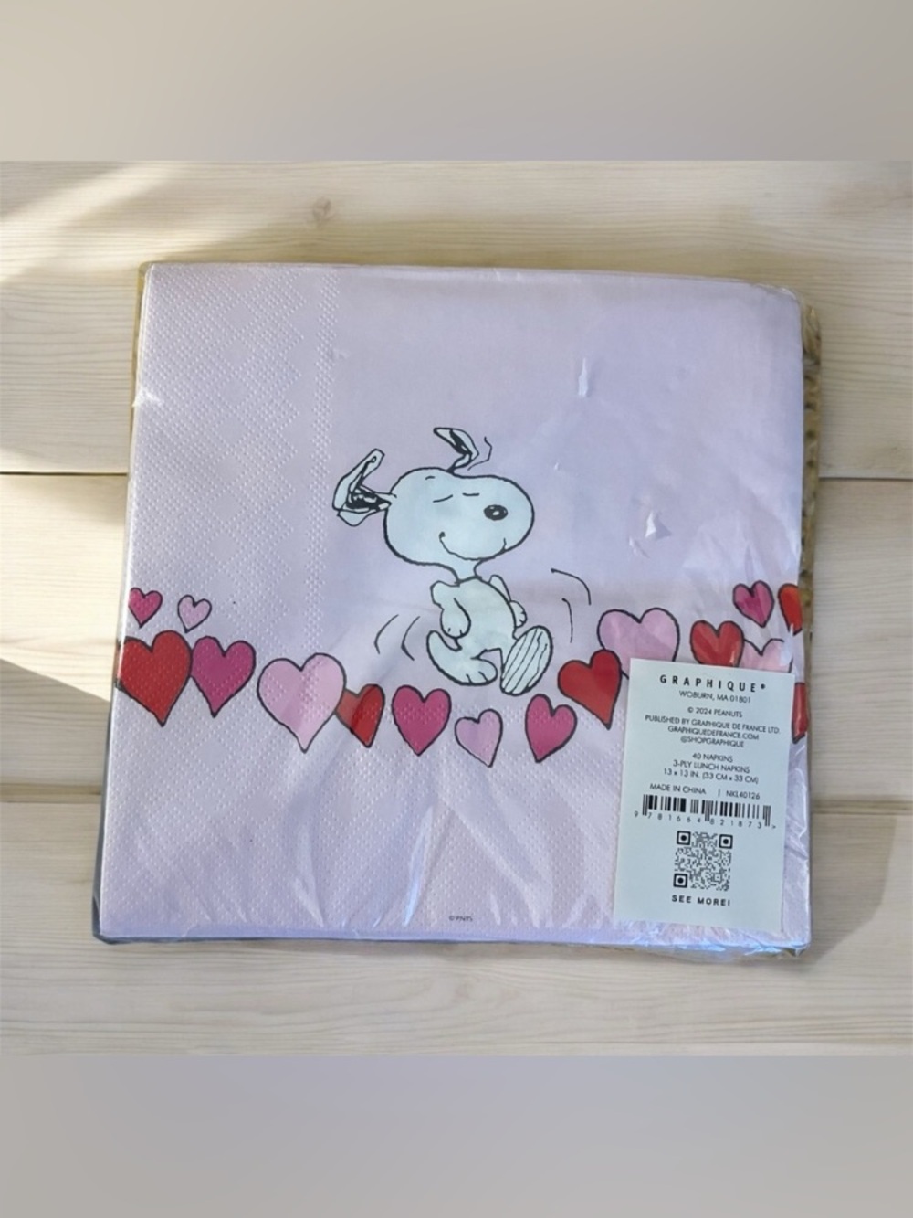 NEW Graphique Peanuts Snoopy Valentine's Day Heart Pink 3 Ply Paper Napkins 40